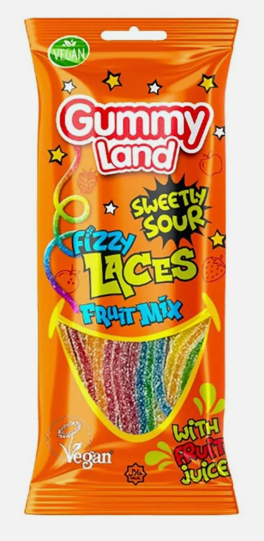 Gummy Land Sweet Sour Fizzy Laces Fruit Mix - Vegan - Halal - 80g (Pack of 12)