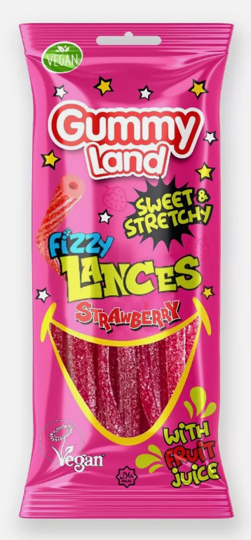 Gummy Land Strawberry Fizzy Sweet Candy Laces -Vegan - Halal - 80g (Pack of 12) (50p line)