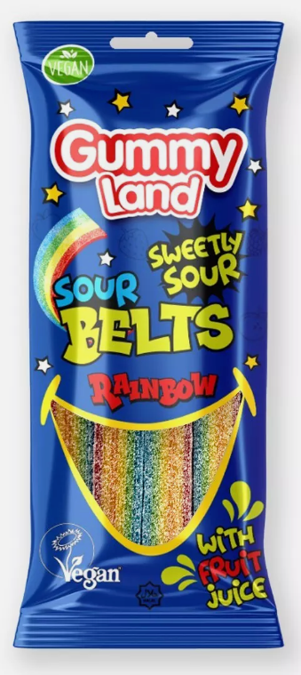 Gummy Land Mix Rainbow Fizzy Soft Candy Belts - Vegan - Halal - 80g (Pack of 12) (50p Line)